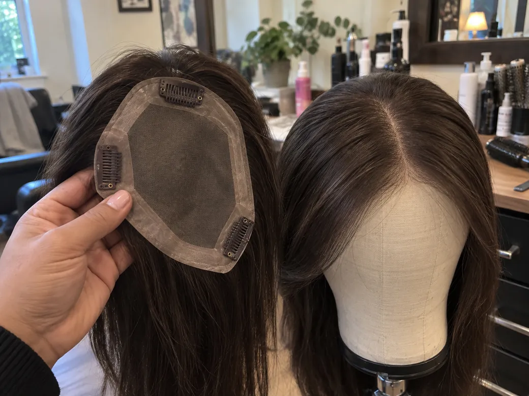 Prótesis femenina de cabello liso en cabeza de maniquí