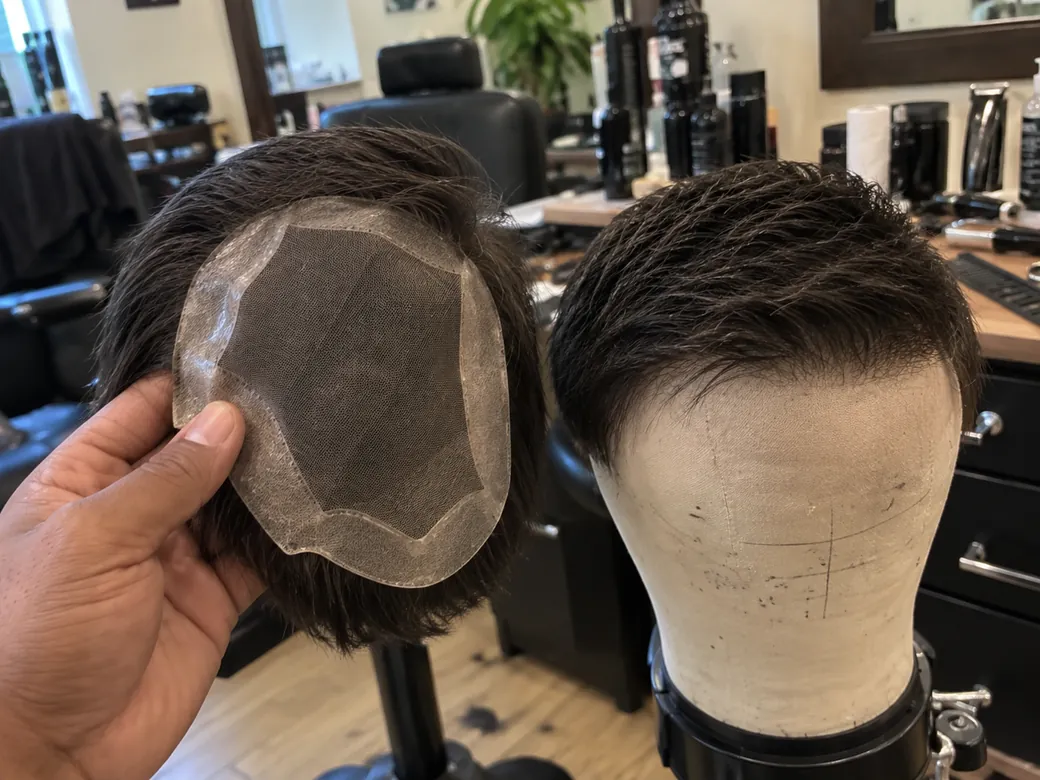 Prótesis masculina de cabello oscuro con base de piel y lace