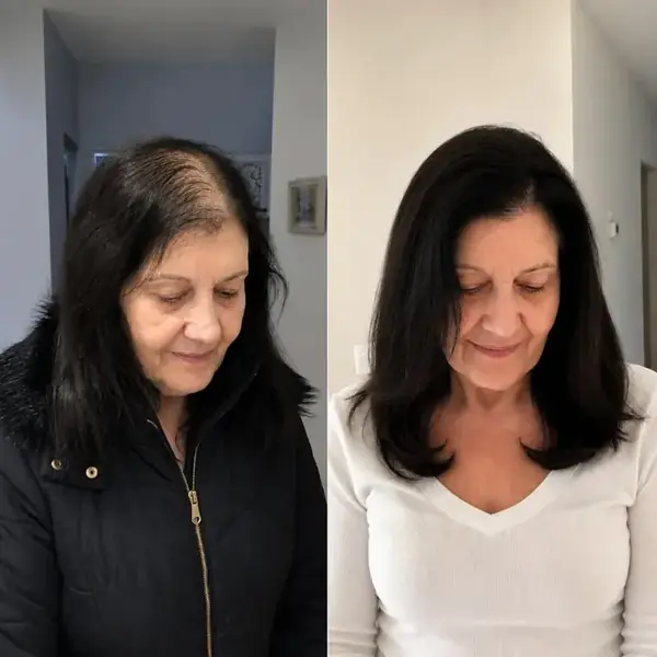 Antes y después de una prótesis capilar femenina, vista frontal