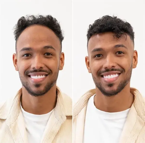 Antes y después de una prótesis capilar masculina en cabello rizado, vista frontal